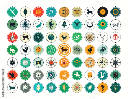 Diverse collection of circular icons featuring animals and abstract symbols.