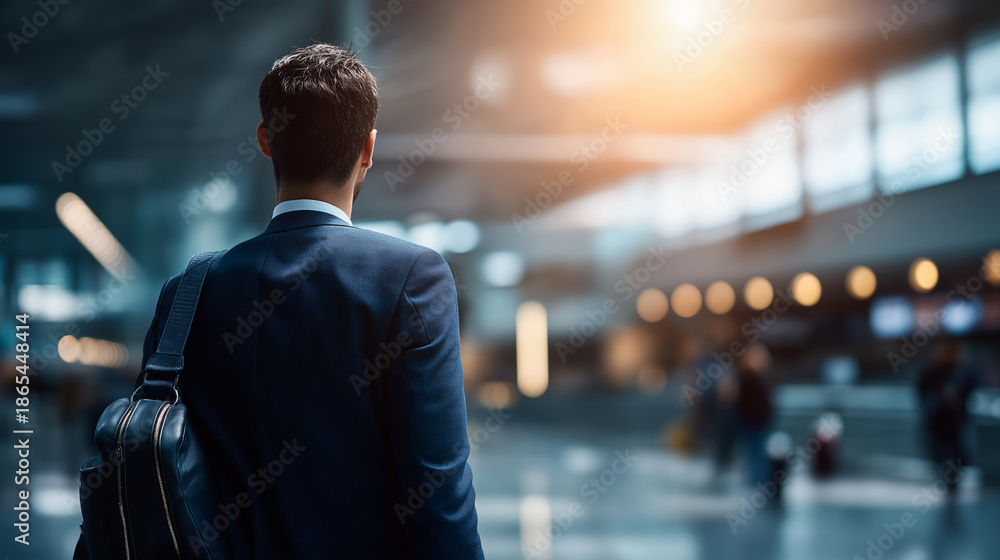 Fototapeta premium Faceless business traveler at airport waiting lounge environment executive journey setting professional aviation experience corporate travel downtime defocused terminal