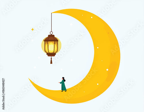 Woman standing on a crescent moon with a hanging lantern.