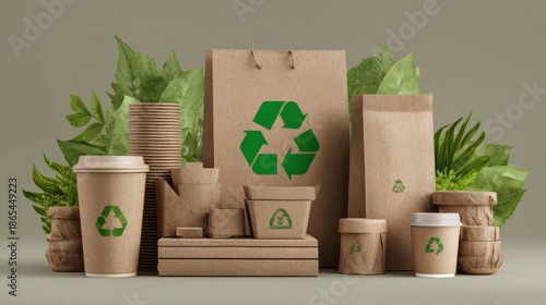 Different types of eco-friendly packaging materials are arranged with green leaves to show sustainability in practices for businesses