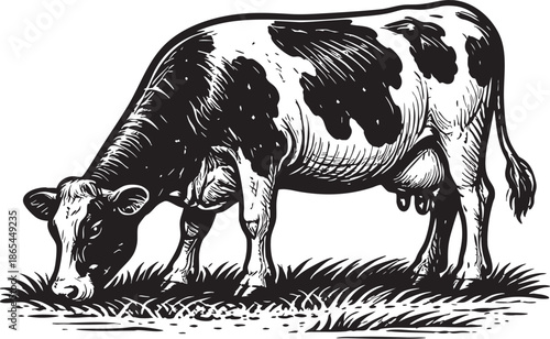 Cow Grazing Linocut Etching Black and White Farm Animal Illustration