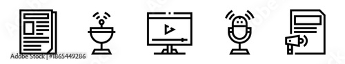 Pack de iconos de medios de comunicación. periódico, transmisión radial, contenido digital, podcast informativo y difusión de noticias. Diseño vectorial lineal