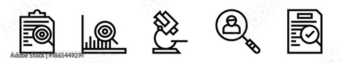 Pack de iconos de investigación. Análisis documental, estudio estadístico, microscopio científico, usuario investigado y validación de información. Diseño vectorial lineal