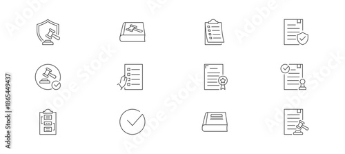 Law And Compliance icon set containing law, code of conduct, rules, policy, compliance, requirement, license, conform, procedures, verify, guideline, regulation vector icons