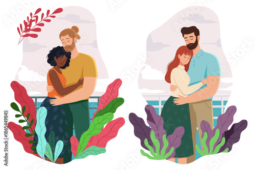 Diverse young couples embracing, showing love and connection outdoors