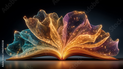 Glowing open book with abstract  golden light, representing learning, imagination and the transformative power of knowledge. Surreal concept illustration for education and inspiration.