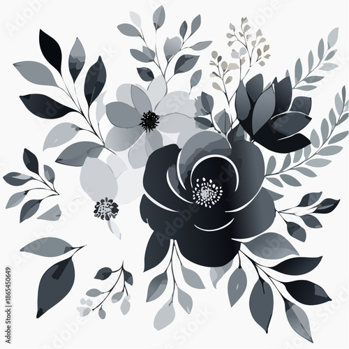 Minimal black ink watercolor florals with soft gray diffusions, chic modern pattern