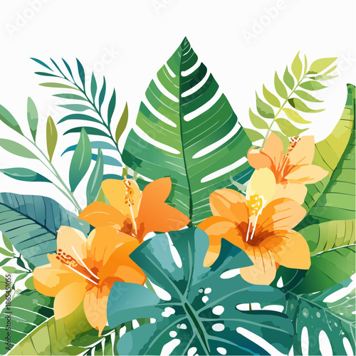 Rainforest watercolor florals with emerald + mango orange washes, vibrant wild botanical pattern