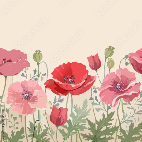 Soft watercolor poppies in bleeding crimson shades, beige paper-texture background