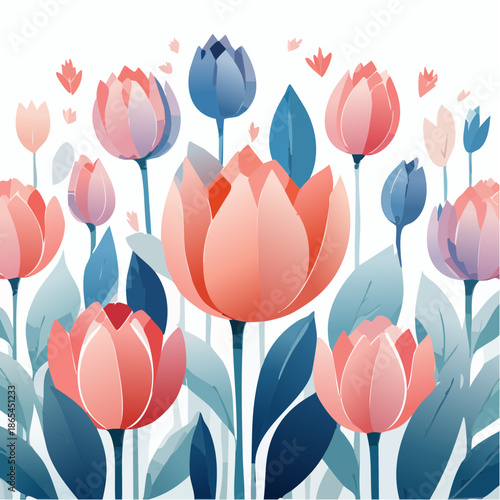 Stylized tulips filled with coral + slate blue watercolor pigments, clean modern seamless