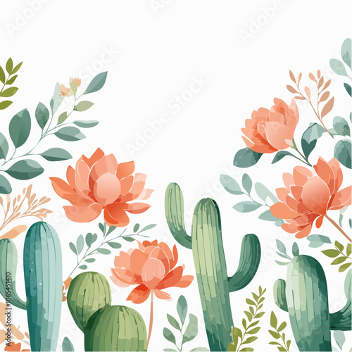 Watercolor desert florals with coral cactus blooms, sage + sand-toned washes, boho seamless pattern