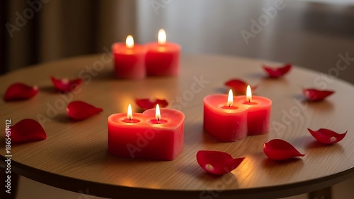Romantic candlelight setting with heart shaped candles and rose petals