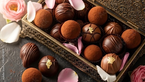 Delicious chocolate truffles in ornate box with rose petals