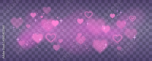 Pink heart soft overlay background with bokeh effect and glitter sparkles. Romantic love refraction light flare for Valentine's Day vector design