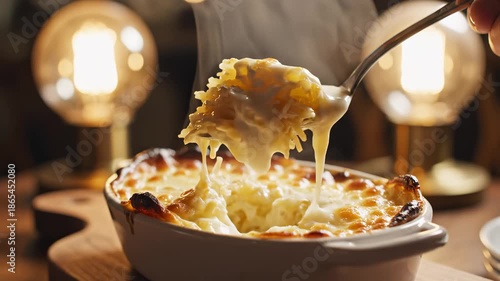 
Gratin Dauphinois: creamy potato gratin in a small baking dish, deeply golden top with caramelized edges, spoon mark revealing silky interior