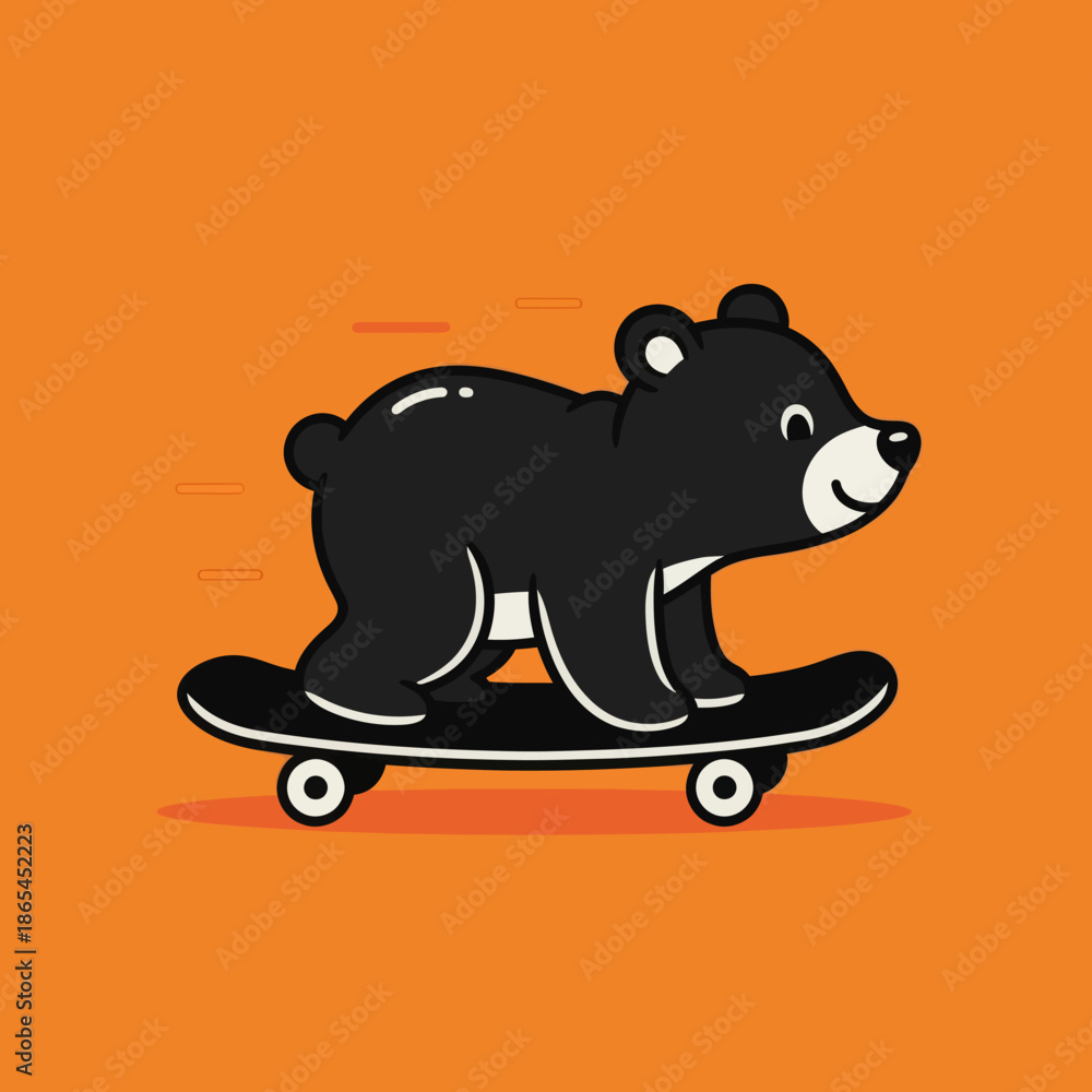 Fototapeta premium Cute cartoon polar bear riding a skateboard on orange background. Fun animal illustration with playful style, perfect for kids design, apparel, stickers, posters, and modern lifestyle concepts.