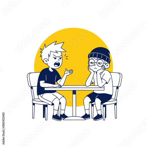 Cartoon illustration of two boys arguing at a table, conflict conversation concept, flat vector style for communication, disagreement, friendship problems and social interaction themes.