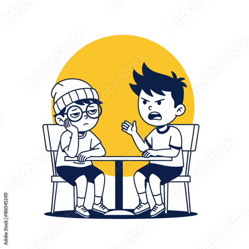 Cartoon illustration of two boys arguing at a table, conflict conversation concept, flat vector style for communication, disagreement, friendship problems and social interaction themes.