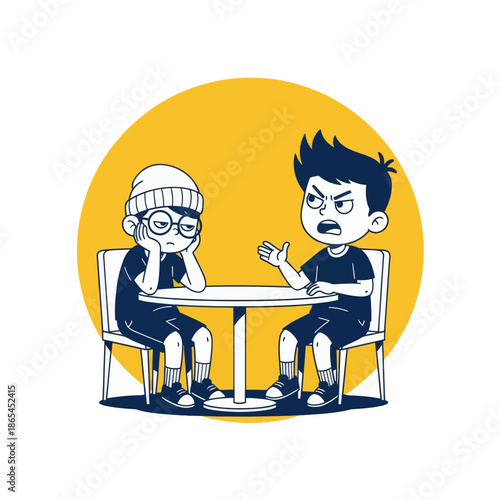 Cartoon illustration of two boys arguing at a table, conflict conversation concept, flat vector style for communication, disagreement, friendship problems and social interaction themes.