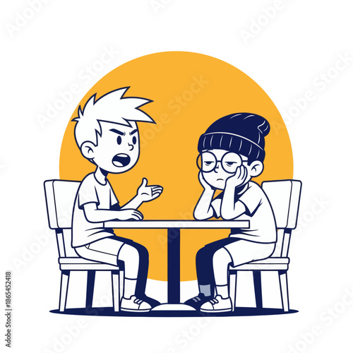 Cartoon illustration of two boys arguing at a table, conflict conversation concept, flat vector style for communication, disagreement, friendship problems and social interaction themes.