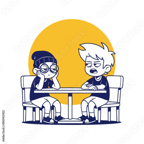 Cartoon illustration of two boys arguing at a table, conflict conversation concept, flat vector style for communication, disagreement, friendship problems and social interaction themes.