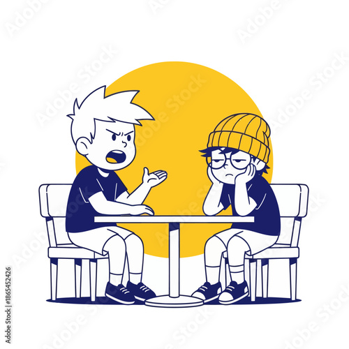 Cartoon illustration of two boys arguing at a table, conflict conversation concept, flat vector style for communication, disagreement, friendship problems and social interaction themes.