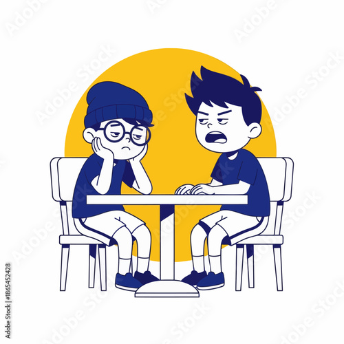 Cartoon illustration of two boys arguing at a table, conflict conversation concept, flat vector style for communication, disagreement, friendship problems and social interaction themes.