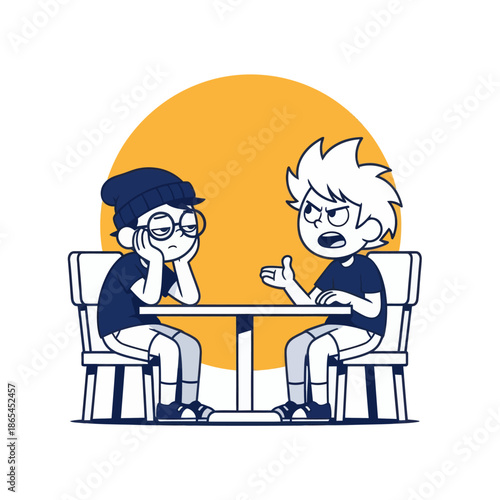 Cartoon illustration of two boys arguing at a table, conflict conversation concept, flat vector style for communication, disagreement, friendship problems and social interaction themes.