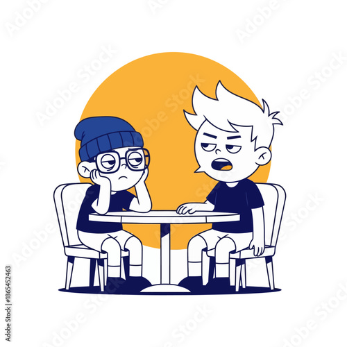 Cartoon illustration of two boys arguing at a table, conflict conversation concept, flat vector style for communication, disagreement, friendship problems and social interaction themes.