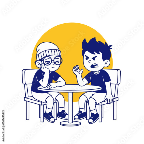 Cartoon illustration of two boys arguing at a table, conflict conversation concept, flat vector style for communication, disagreement, friendship problems and social interaction themes.