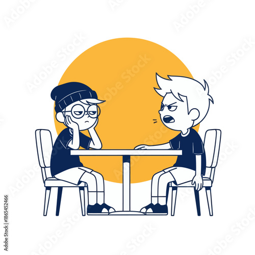 Cartoon illustration of two boys arguing at a table, conflict conversation concept, flat vector style for communication, disagreement, friendship problems and social interaction themes.
