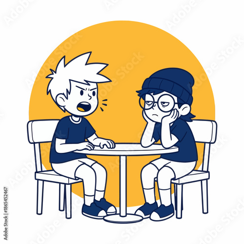 Cartoon illustration of two boys arguing at a table, conflict conversation concept, flat vector style for communication, disagreement, friendship problems and social interaction themes.