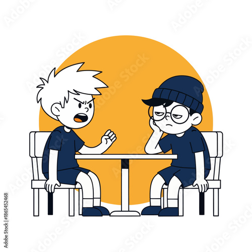 Cartoon illustration of two boys arguing at a table, conflict conversation concept, flat vector style for communication, disagreement, friendship problems and social interaction themes.