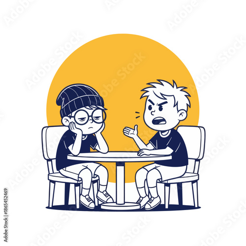 Cartoon illustration of two boys arguing at a table, conflict conversation concept, flat vector style for communication, disagreement, friendship problems and social interaction themes.