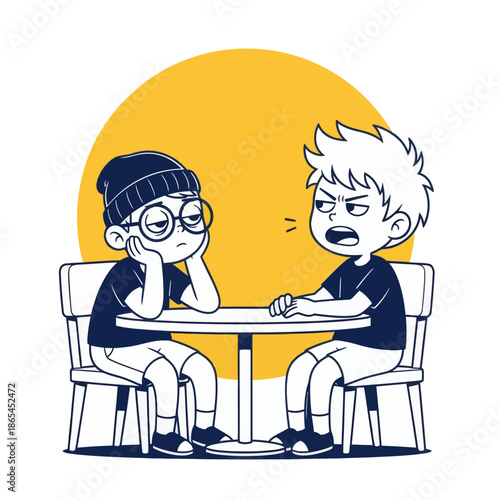Cartoon illustration of two boys arguing at a table, conflict conversation concept, flat vector style for communication, disagreement, friendship problems and social interaction themes.