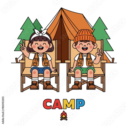 Cute camping illustration of happy kids sitting on chairs in front of a tent and pine trees. Fun outdoor adventure concept for summer camp, children activity, family travel, and nature lifestyle.