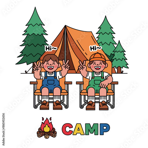 Cute camping illustration of happy kids sitting on chairs in front of a tent and pine trees. Fun outdoor adventure concept for summer camp, children activity, family travel, and nature lifestyle.
