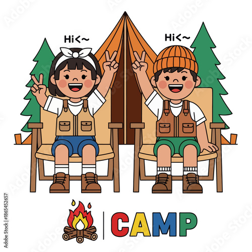 Cute camping illustration of happy kids sitting on chairs in front of a tent and pine trees. Fun outdoor adventure concept for summer camp, children activity, family travel, and nature lifestyle.