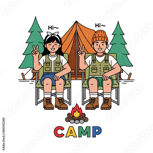 Cute camping illustration of happy kids sitting on chairs in front of a tent and pine trees. Fun outdoor adventure concept for summer camp, children activity, family travel, and nature lifestyle.