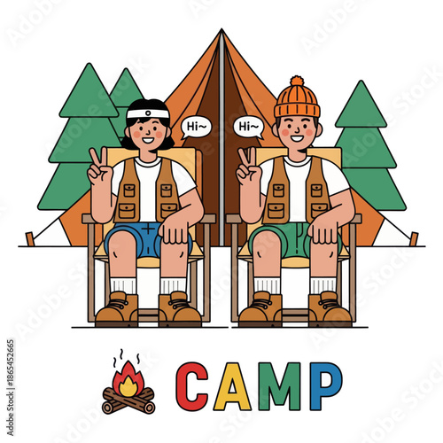 Cute camping illustration of happy kids sitting on chairs in front of a tent and pine trees. Fun outdoor adventure concept for summer camp, children activity, family travel, and nature lifestyle.