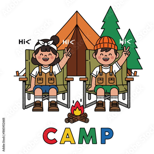 Cute camping illustration of happy kids sitting on chairs in front of a tent and pine trees. Fun outdoor adventure concept for summer camp, children activity, family travel, and nature lifestyle.