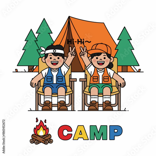 Cute camping illustration of happy kids sitting on chairs in front of a tent and pine trees. Fun outdoor adventure concept for summer camp, children activity, family travel, and nature lifestyle.