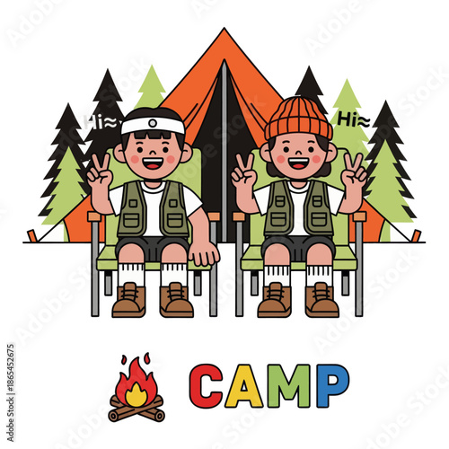 Cute camping illustration of happy kids sitting on chairs in front of a tent and pine trees. Fun outdoor adventure concept for summer camp, children activity, family travel, and nature lifestyle.