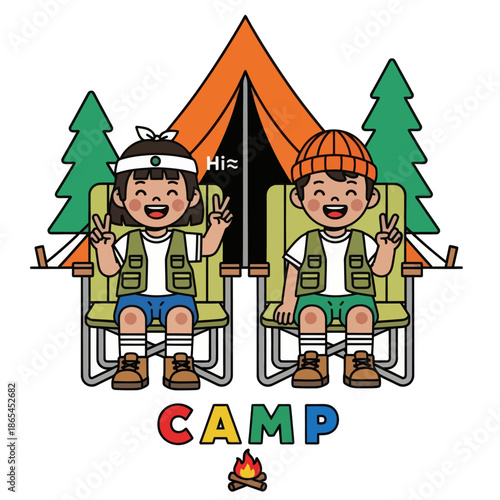 Cute camping illustration of happy kids sitting on chairs in front of a tent and pine trees. Fun outdoor adventure concept for summer camp, children activity, family travel, and nature lifestyle.