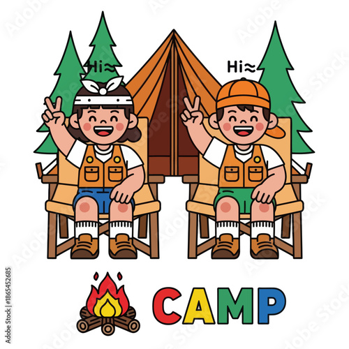 Cute camping illustration of happy kids sitting on chairs in front of a tent and pine trees. Fun outdoor adventure concept for summer camp, children activity, family travel, and nature lifestyle.