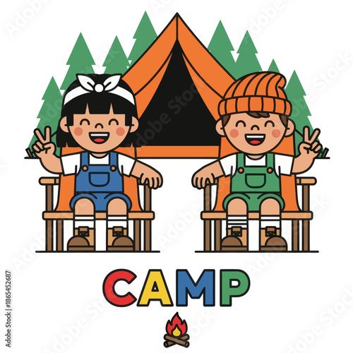 Cute camping illustration of happy kids sitting on chairs in front of a tent and pine trees. Fun outdoor adventure concept for summer camp, children activity, family travel, and nature lifestyle.