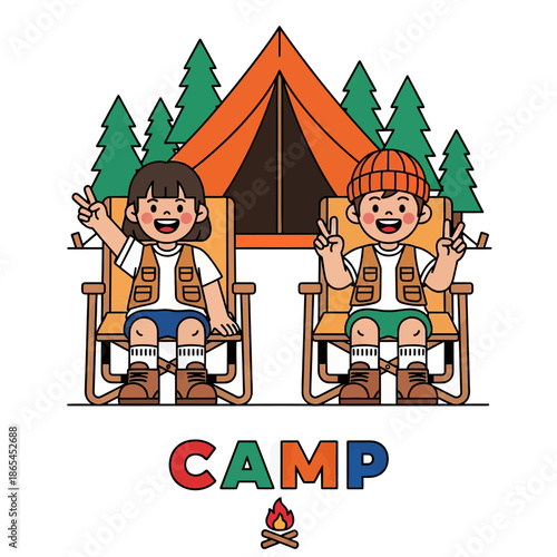 Cute camping illustration of happy kids sitting on chairs in front of a tent and pine trees. Fun outdoor adventure concept for summer camp, children activity, family travel, and nature lifestyle.