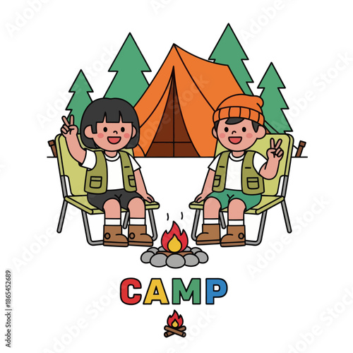 Cute camping illustration of happy kids sitting on chairs in front of a tent and pine trees. Fun outdoor adventure concept for summer camp, children activity, family travel, and nature lifestyle.