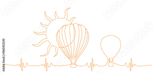 continuous line of balloons and sun on white background, vector image