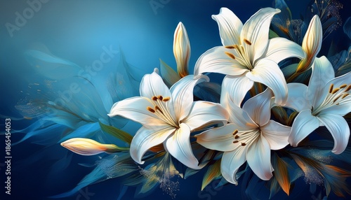 white lilies on a blue background flowers for a wedding or funeral ceremony ai generated